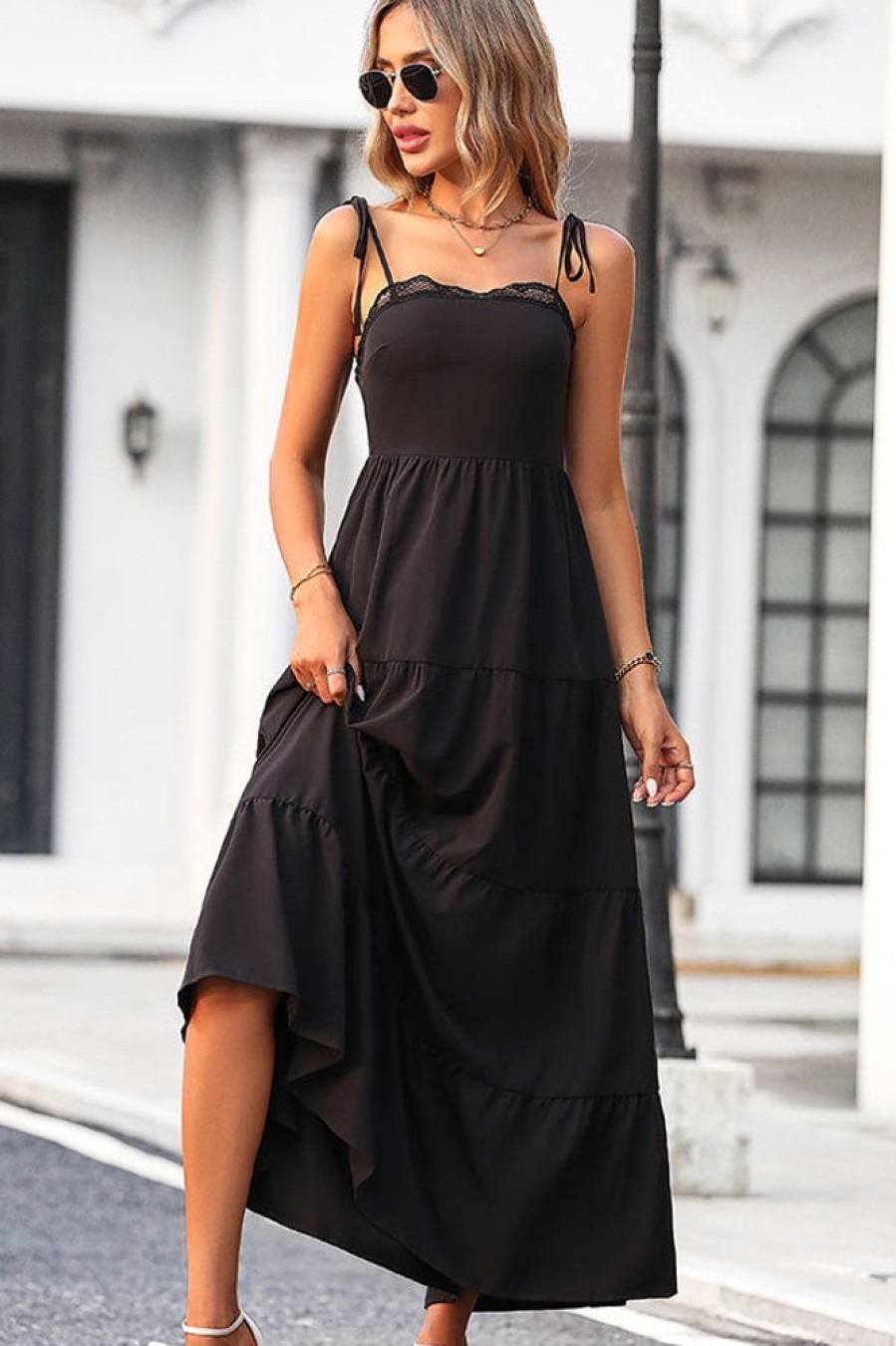 Women Beachsissi Solid Dress | Lace Patchwork Solid Color Slip Dress Black