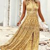 Women Beachsissi Printed Dress | Fashion Print Halter Neck Sleeveless Casual Dress Gold