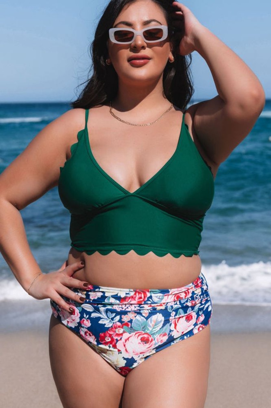 Women Beachsissi Bikini | Floral Print Scolloped Hem Plus Size Bikini Set Darkgreen