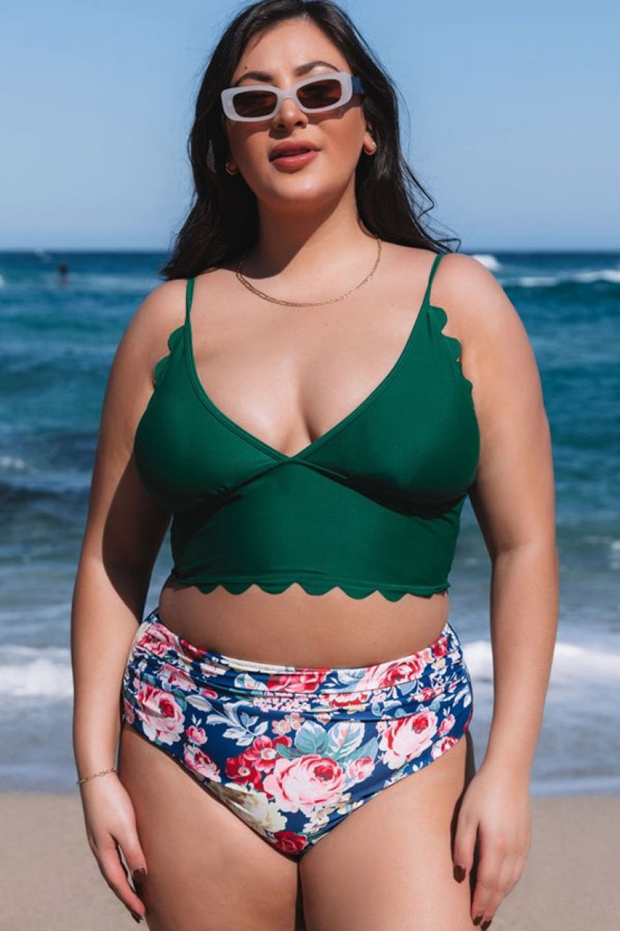 Women Beachsissi Bikini | Floral Print Scolloped Hem Plus Size Bikini Set Darkgreen