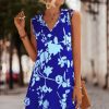 Women Beachsissi Printed Dress | V Neck Floral Print Sleeveless Mini Dress Blue