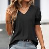 Women Beachsissi | Solid Color V Neck Puff Sleeve Casual Tops Black