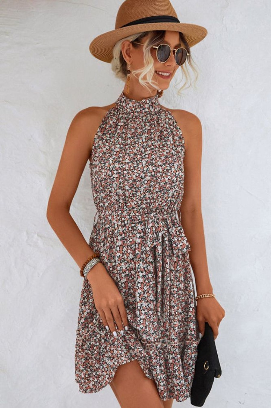 Women Beachsissi Printed Dress | Fashion Floral Print Halter Neck Mini Dress Indianred