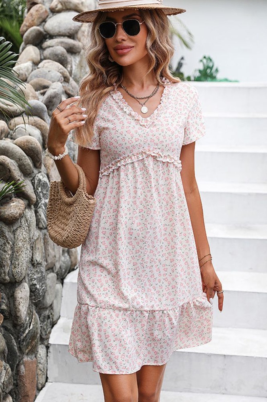 Women Beachsissi Printed Dress | Floral Print V Neck Mini Length Dress White