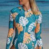 Women Beachsissi One Piece | Leaf Print Zipper Up One Piece Rashguard Swimsuit Darkturquoise