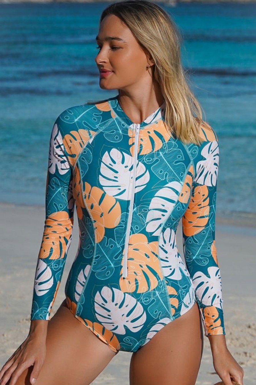 Women Beachsissi One Piece | Leaf Print Zipper Up One Piece Rashguard Swimsuit Darkturquoise