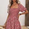 Women Beachsissi Printed Dress | Floral Print Puff Sleeves Ruffled Mini Dress Crimson