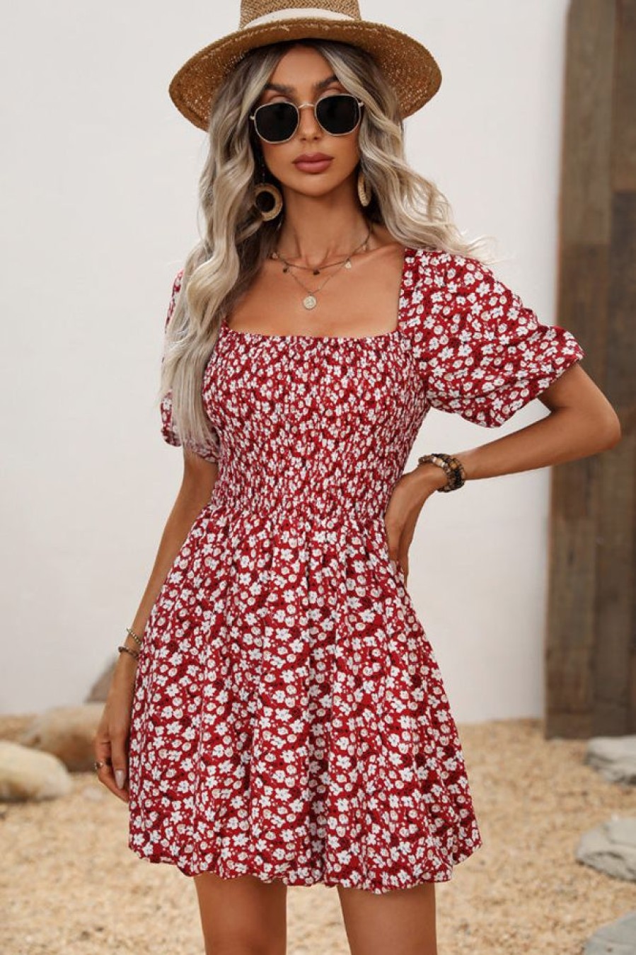 Women Beachsissi Printed Dress | Floral Print Puff Sleeves Ruffled Mini Dress Crimson