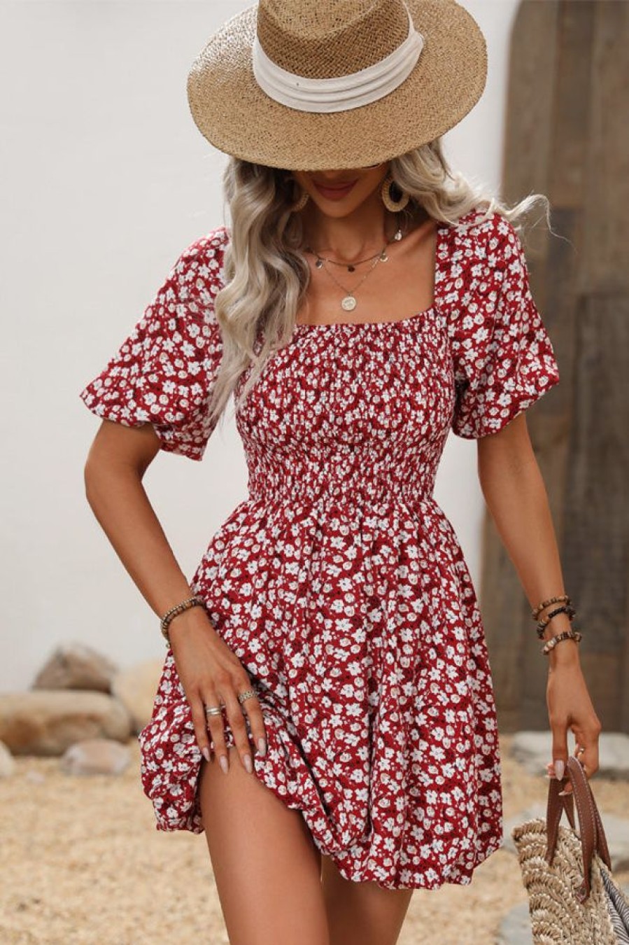 Women Beachsissi Printed Dress | Floral Print Puff Sleeves Ruffled Mini Dress Crimson