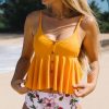 Women Beachsissi Tankini | Flower Print Ruffle Round Neck Tankini Set Orange