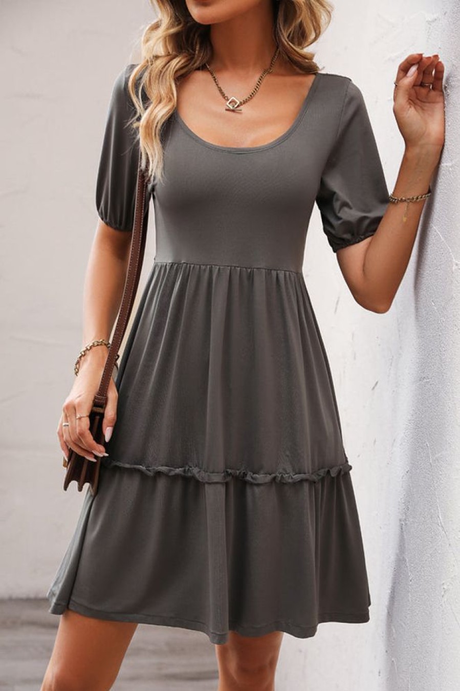 Women Beachsissi Casual Dress | Solid Color Round Neck Casual Mini Dress Gray