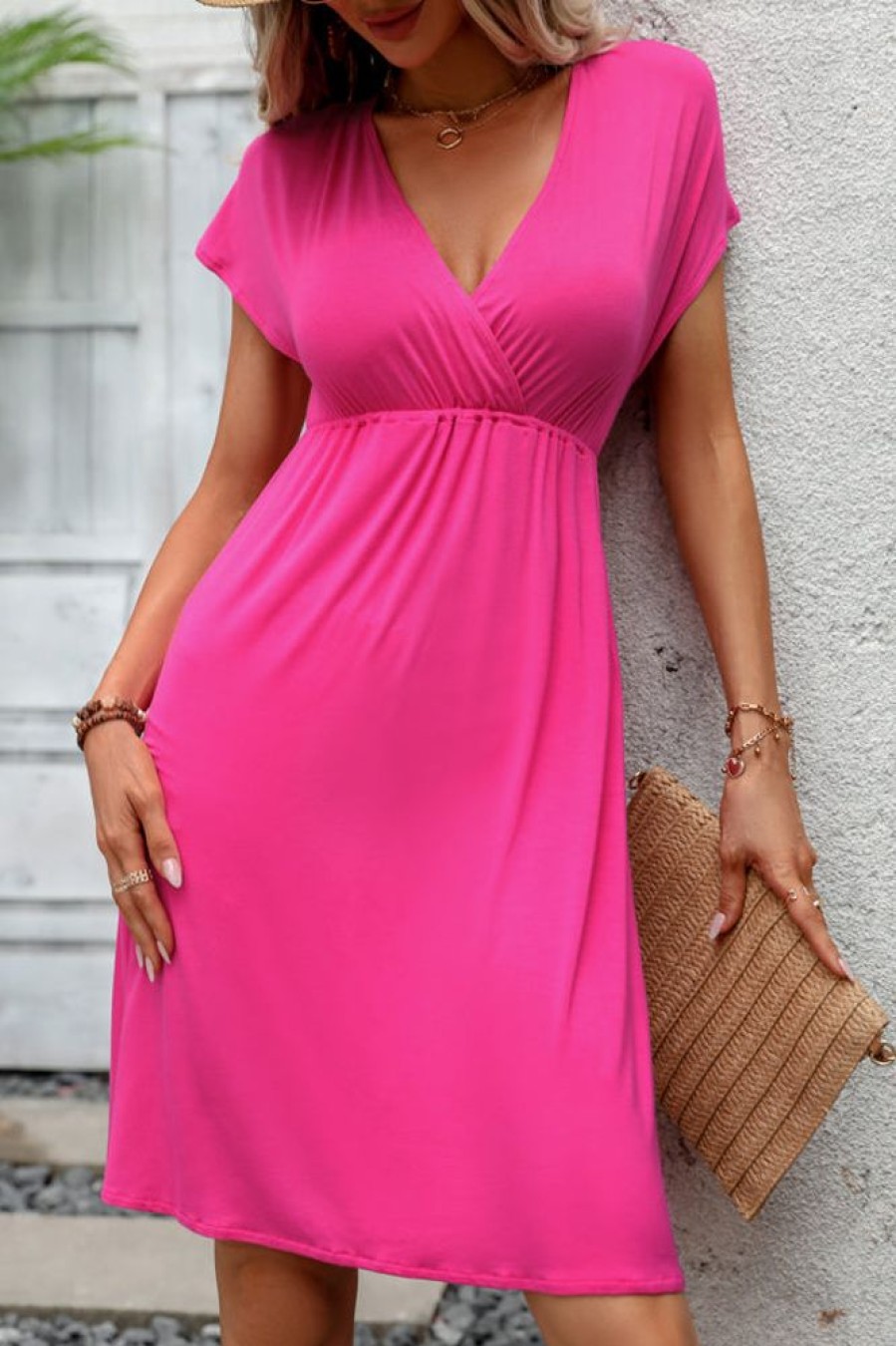 Women Beachsissi Solid Dress | Fashion Deep V Neck Solid Color Mini Dress Deeppink