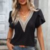 Women Beachsissi | Solid V Neck Patchwork Short Sleeve Tops Black