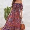 Women Beachsissi Printed Dress | Bohemia Printed Smocked Short Sleeve Maxi Dress Red