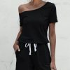 Women Beachsissi | Skew Neck Drawstring Waist Rompers Black