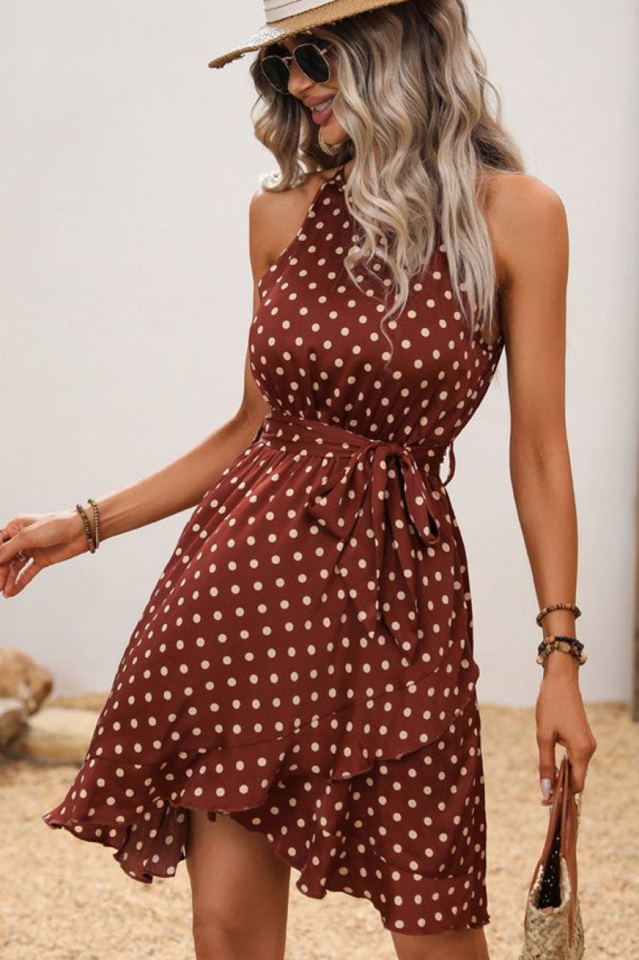 Women Beachsissi Casual Dress | Dots Print Tie Waist Fashion Casual Dress Brown