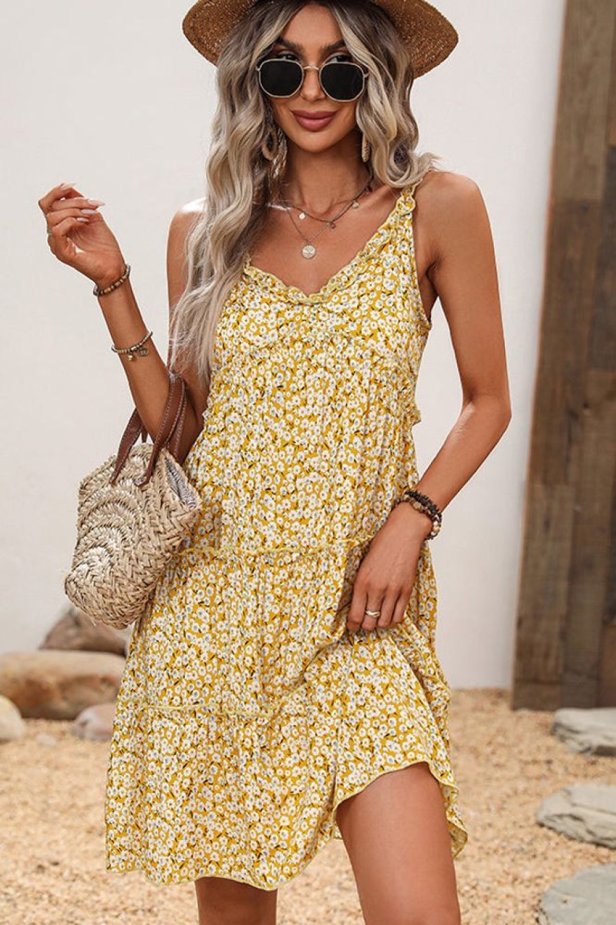 Women Beachsissi Printed Dress | Floral Print V Neck Frill Casual Mini Dress Yellow