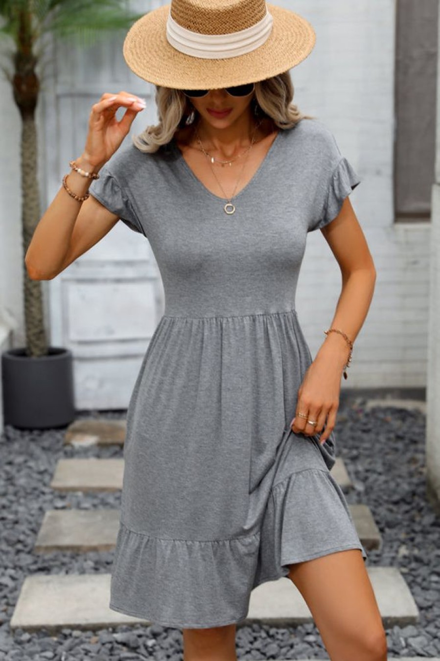 Women Beachsissi Solid Dress | Solid Color V Neck Casual Mini Dress Grey