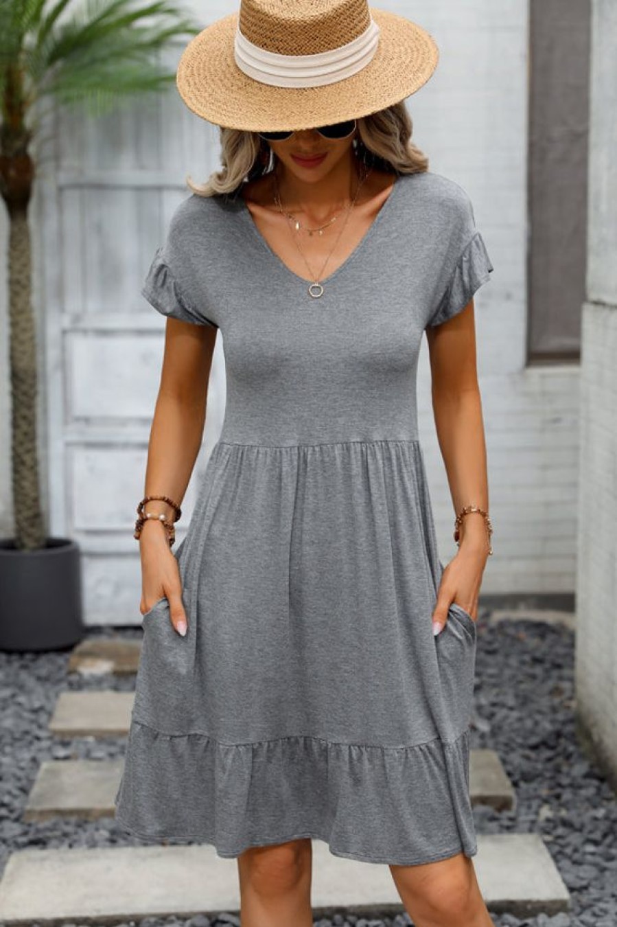 Women Beachsissi Solid Dress | Solid Color V Neck Casual Mini Dress Grey