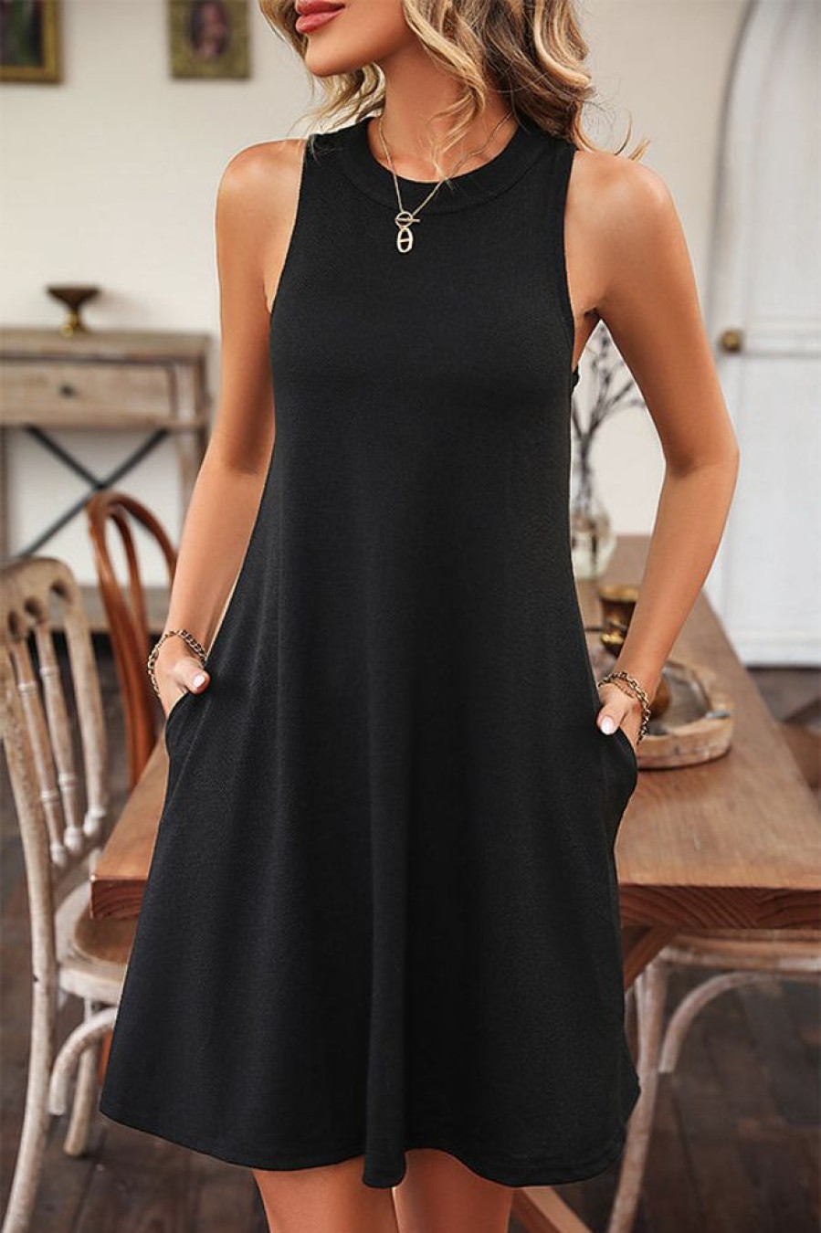 Women Beachsissi Solid Dress | Solid Color Sleeveless Round Neck Casual Dress Black