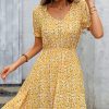 Women Beachsissi Printed Dress | V Neck Floral Print Short Sleeve Mini Dress Yellow