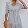 Women Beachsissi Solid Dress | V Neck Drawstring Waist Solid Casual Mini Dress Grey