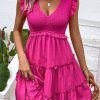 Women Beachsissi Solid Dress | Solid Smocked V Neck Frill Casual Dress Deeppink