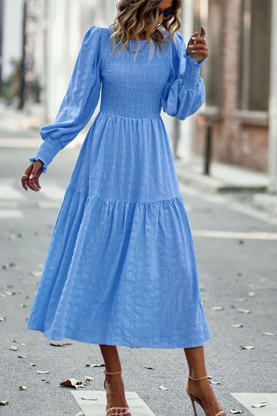 Women Beachsissi Solid Dress | Solid Smocked Long Sleeve Maxi Dress Lightskyblue