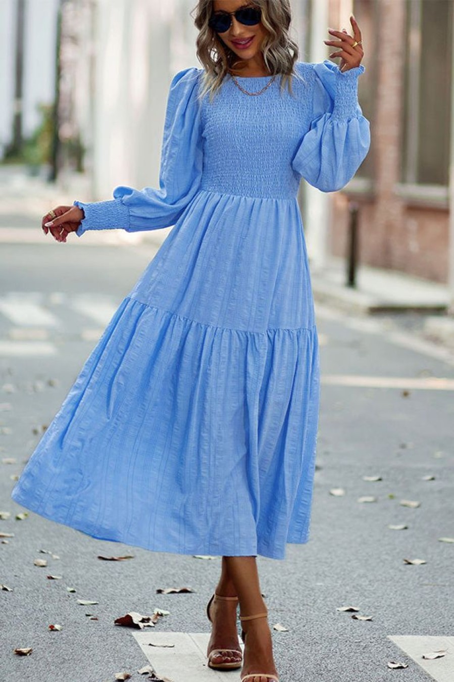 Women Beachsissi Solid Dress | Solid Smocked Long Sleeve Maxi Dress Lightskyblue