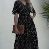 Women Beachsissi Printed Dress | Short Sleeve Dots Print V Neck Maxi Dress Black