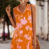 Women Beachsissi Printed Dress | V Neck Floral Print Sleeveless Mini Dress Coral