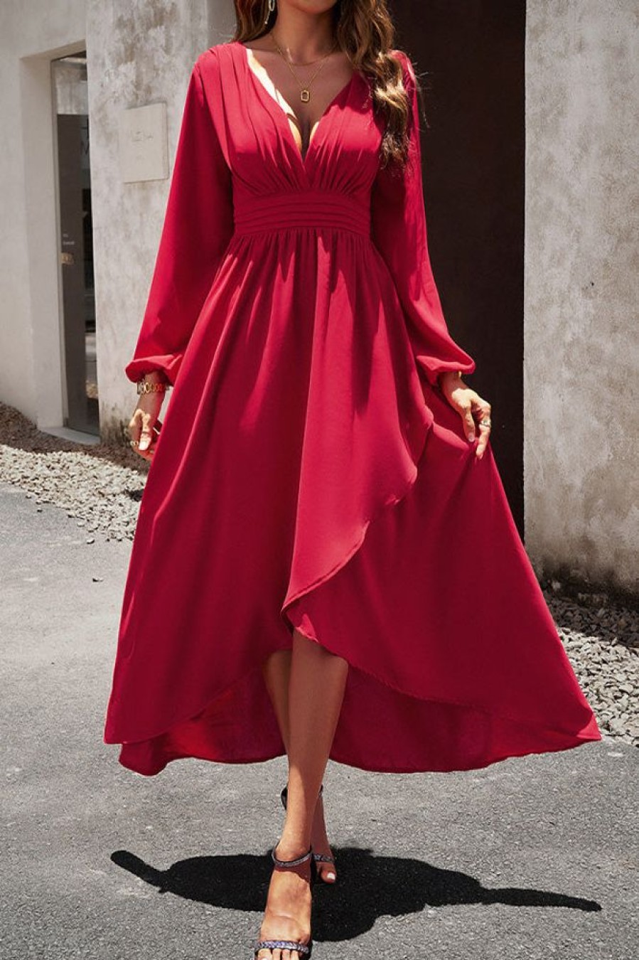 Women Beachsissi Solid Dress | Solid Color V Neck Ruffle Hem Dress Crimson