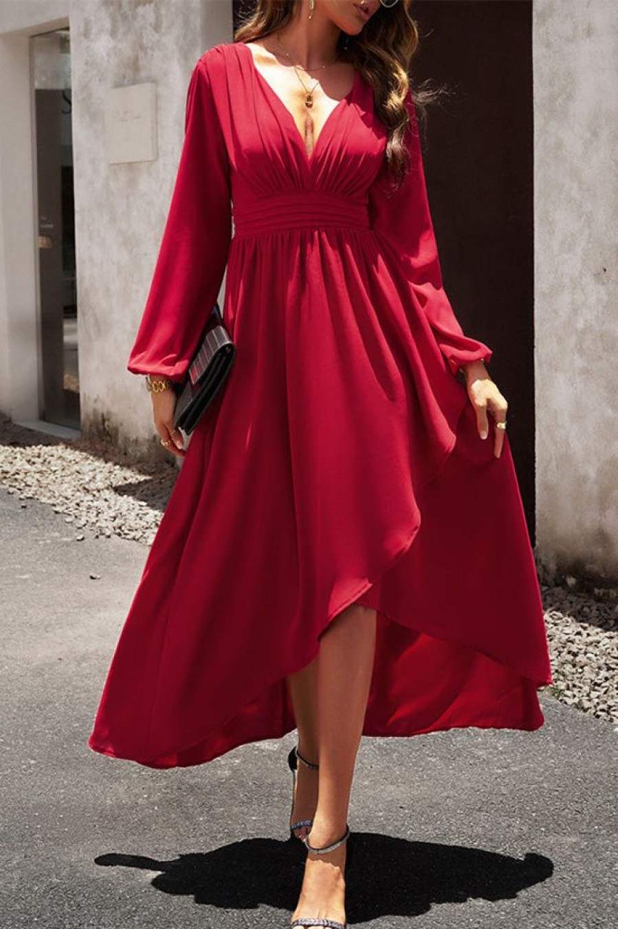 Women Beachsissi Solid Dress | Solid Color V Neck Ruffle Hem Dress Crimson