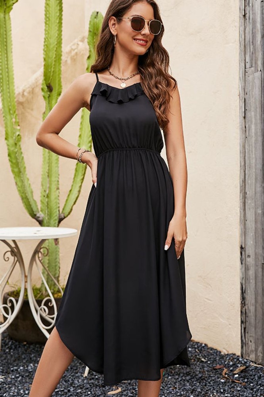 Women Beachsissi Solid Dress | Solid Color Sleeveless Casual Dress Black