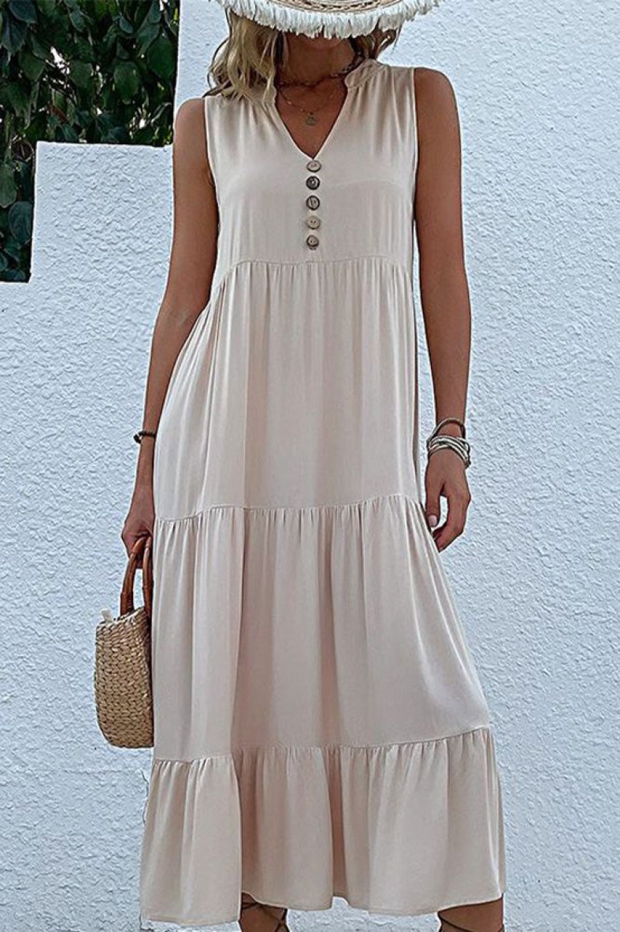 Women Beachsissi Casual Dress | Solid Color V Neck Sleeveless Casual Dress Blanchedalmond