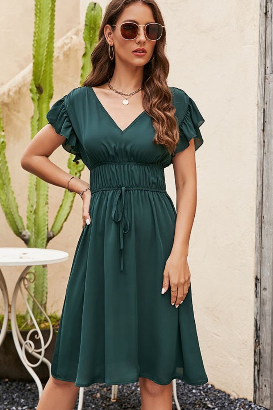 Women Beachsissi Casual Dress | Solid Color V Neck Ruched Casual Dress Darkslategray