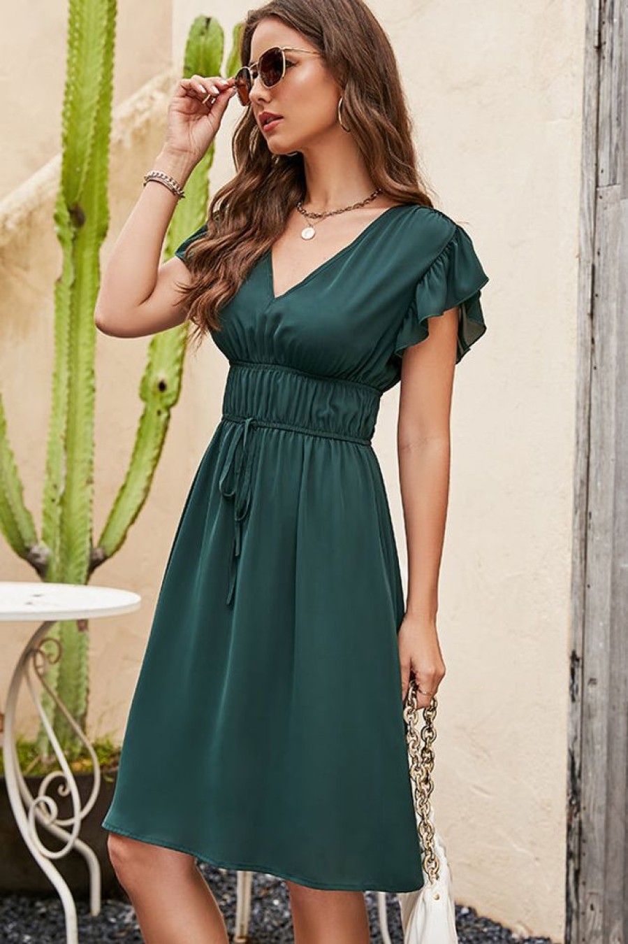 Women Beachsissi Casual Dress | Solid Color V Neck Ruched Casual Dress Darkslategray