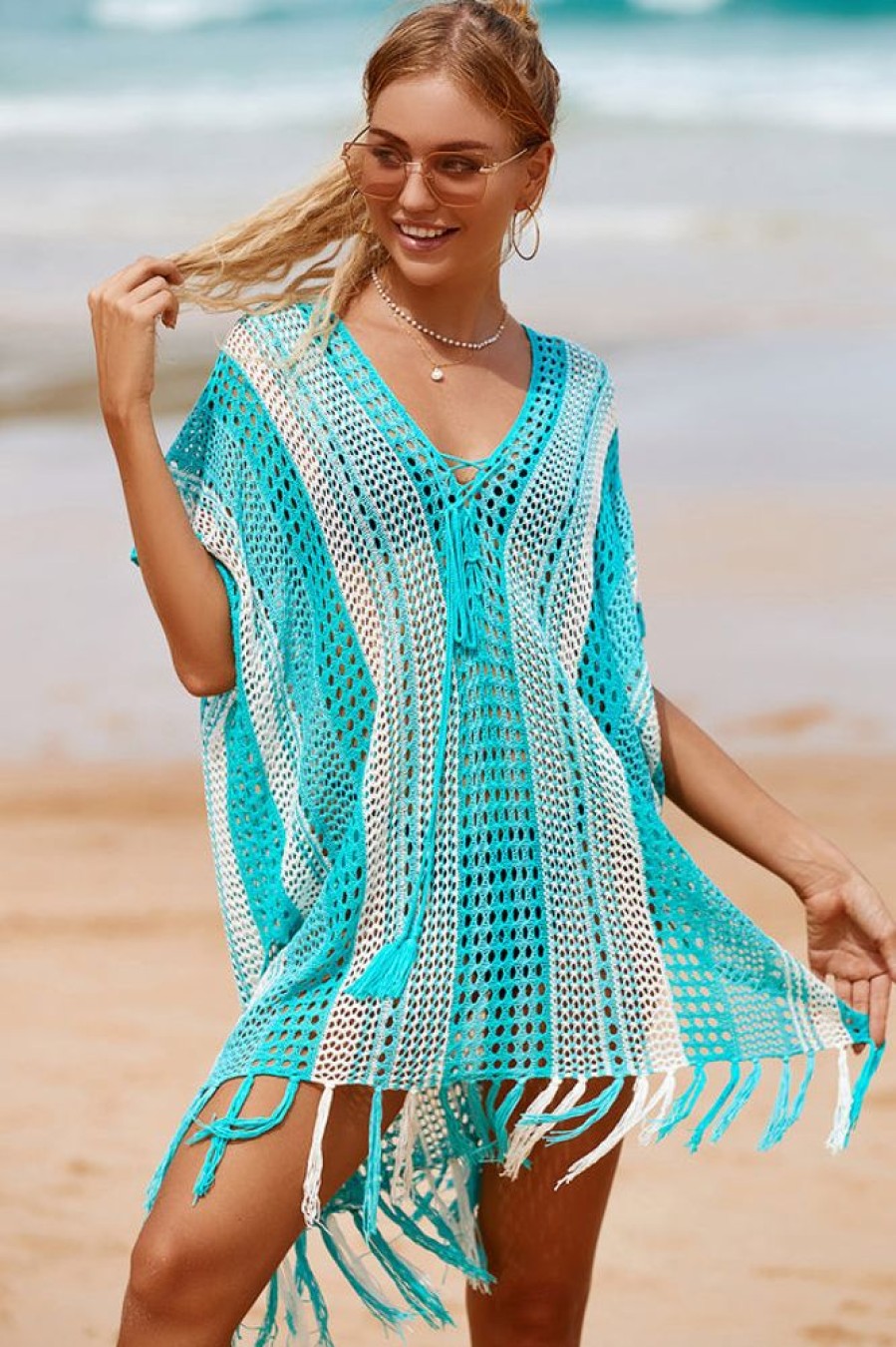 Women Beachsissi Cover Ups | Tassel Hollow Holiday Style Swimwear Cover Up Cyan