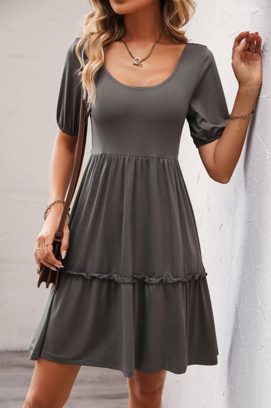 Women Beachsissi Solid Dress | Solid Color Round Neck Casual Mini Dress Gray