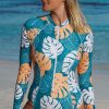 Women Beachsissi Surfing | Leaf Print Zipper Up One Piece Rashguard Swimsuit Darkturquoise