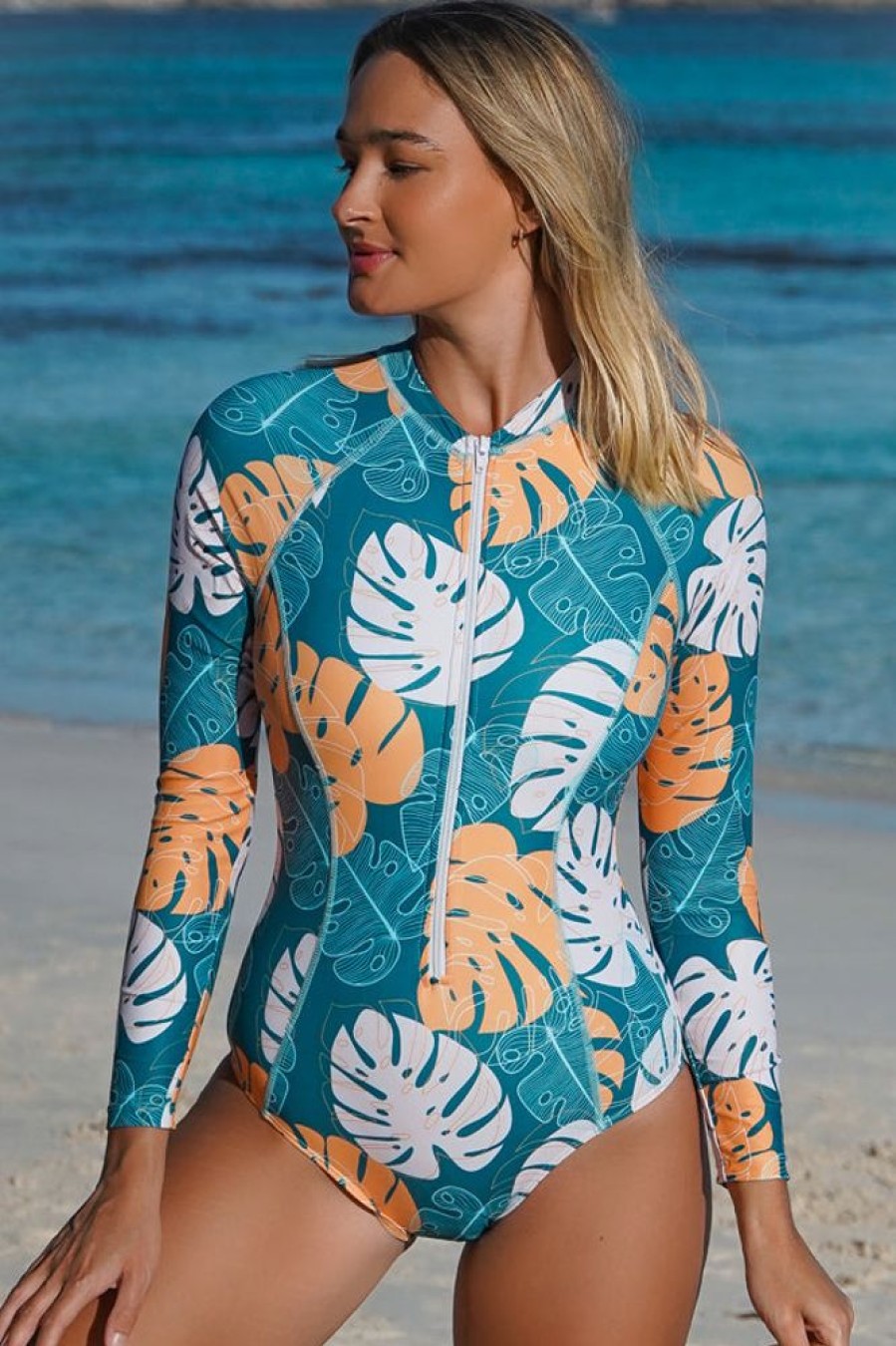 Women Beachsissi Surfing | Leaf Print Zipper Up One Piece Rashguard Swimsuit Darkturquoise