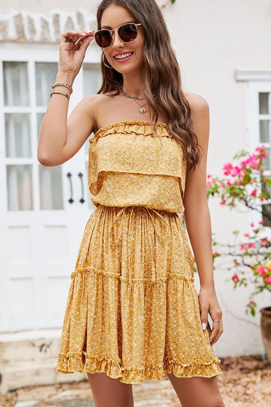 Women Beachsissi Printed Dress | Ruffled Floral Print Smocked Mini Dress Yellow