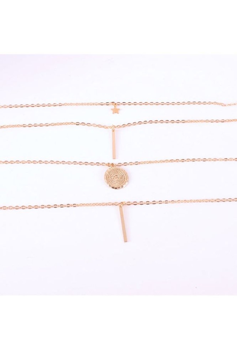 Women Beachsissi | Round Pendant Star Charm Layered Chain Necklace Gold