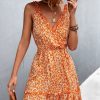 Women Beachsissi Printed Dress | V Neck Floral Print Frill Sleeveless Casual Dress Coral