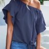 Women Beachsissi | Knot Front Ruffle Sleeve Casual Tops Royalblue