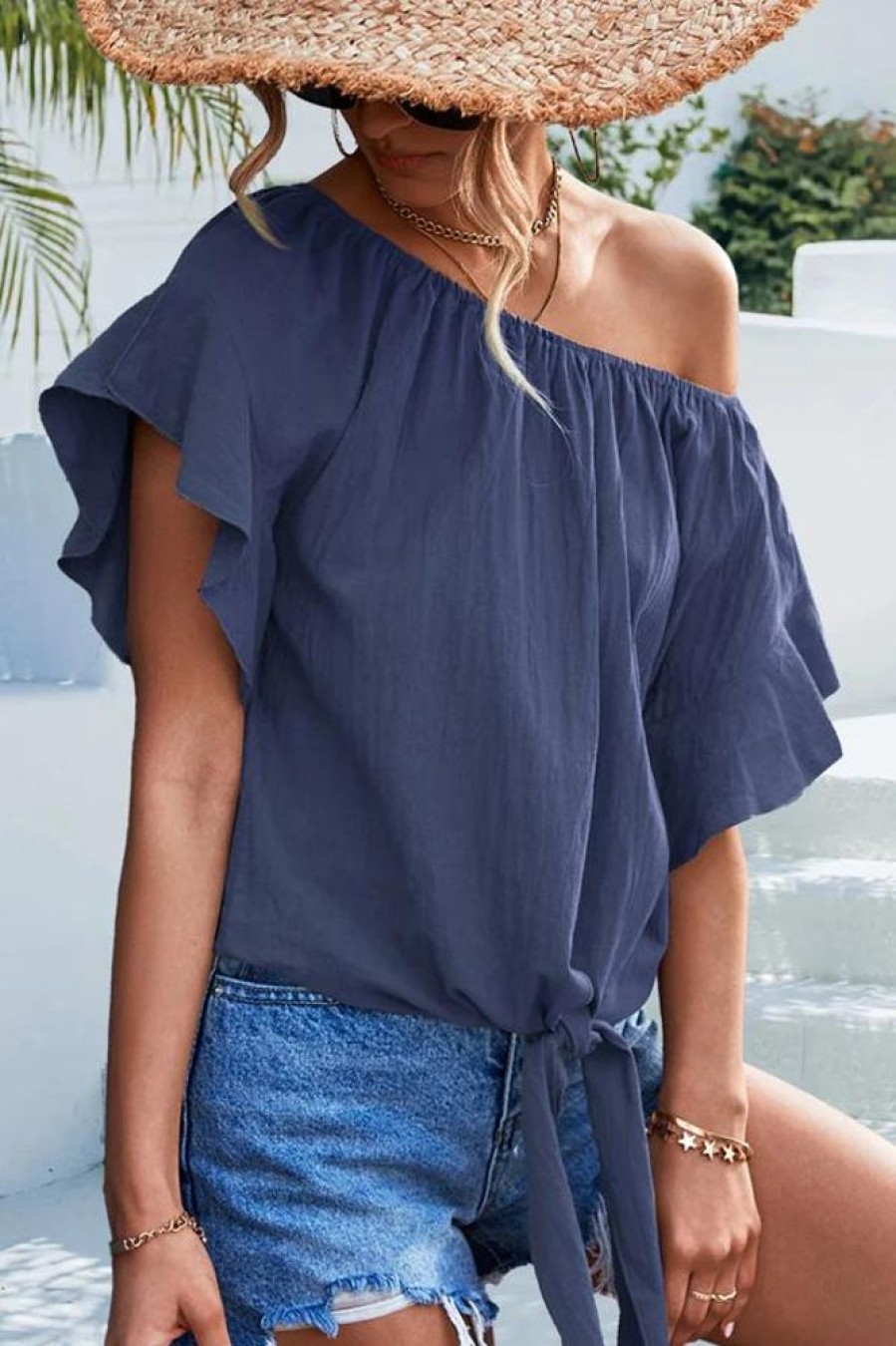 Women Beachsissi | Knot Front Ruffle Sleeve Casual Tops Royalblue