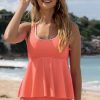 Women Beachsissi Tankini | White Trim Ruffled Solid Tankini Set Lightcoral