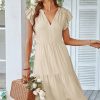 Women Beachsissi Solid Dress | Ruffle Shoulder Solid V Neck Vacation Dress Papayawhip