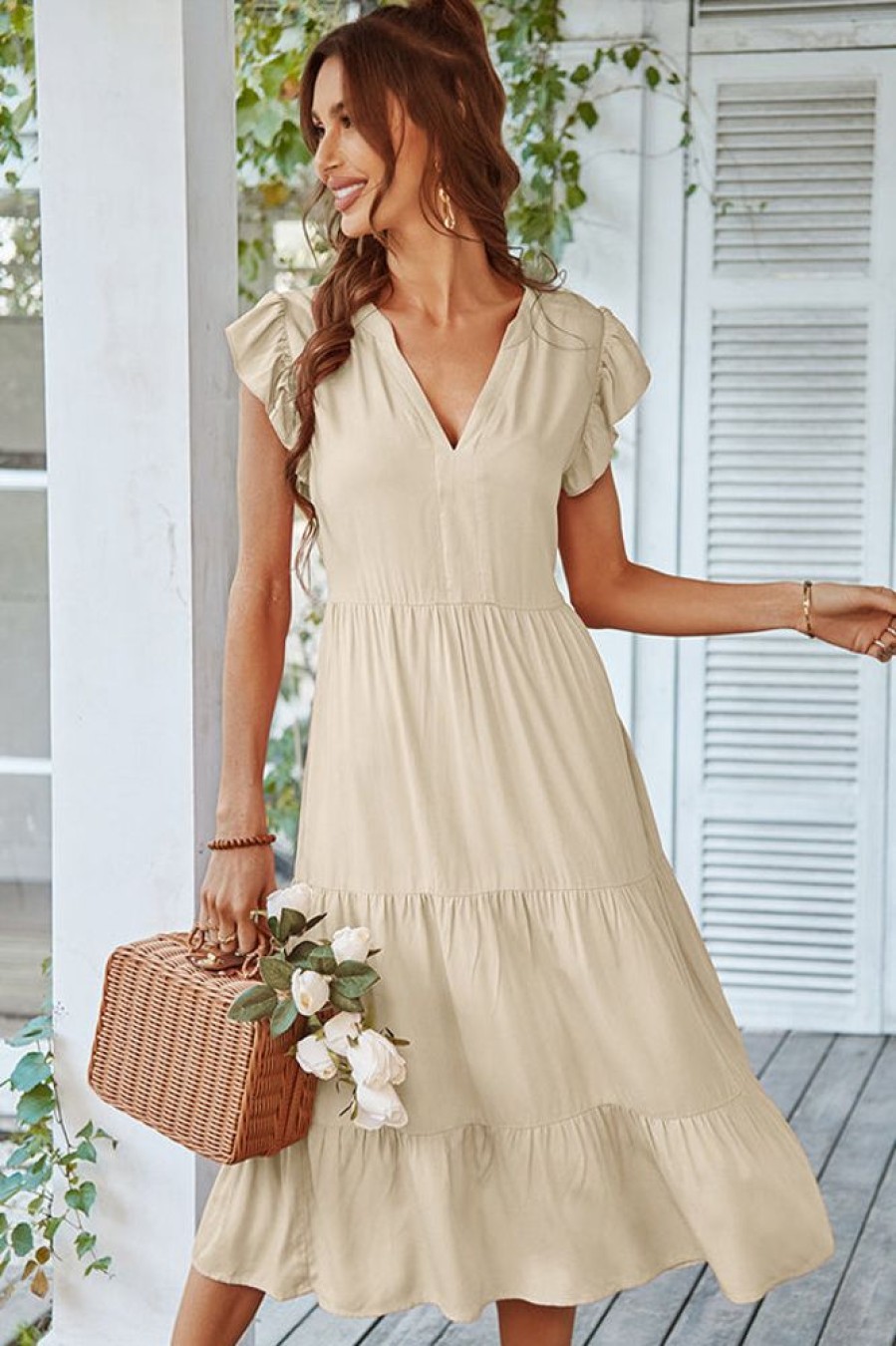 Women Beachsissi Solid Dress | Ruffle Shoulder Solid V Neck Vacation Dress Papayawhip