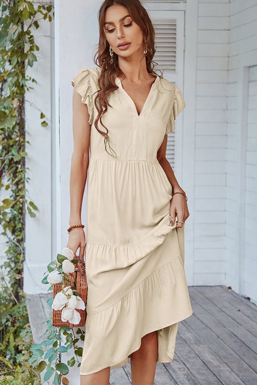 Women Beachsissi Solid Dress | Ruffle Shoulder Solid V Neck Vacation Dress Papayawhip